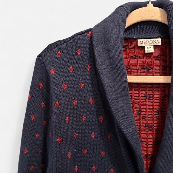 Merona 100% Cotton Navy Red Polka Dot Heritage Preppy Shawl Collar Cardigan - Picture 4 of 10
